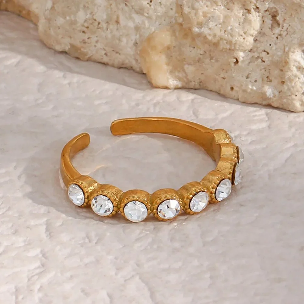 Vintage Sparkly Zircon 18K Gold Plated Adjustable Ring Stainless Steel - Picture 3 of 10